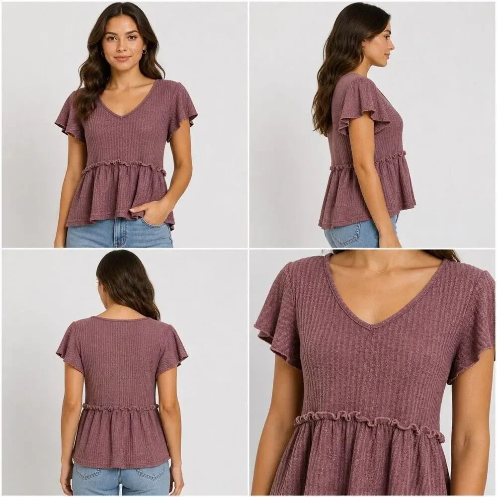 SHEIN Solid Pink Purple Short Sleeve Blouse V Neck Ruffles Plumbum Blouse size M